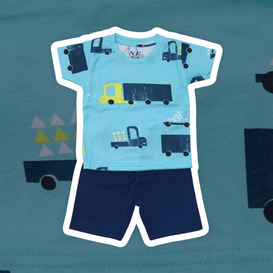 Children's t-shirt and shorts set with truck pattern on a teal background