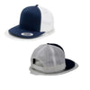 Two views of a navy and white trucker cap on a white background