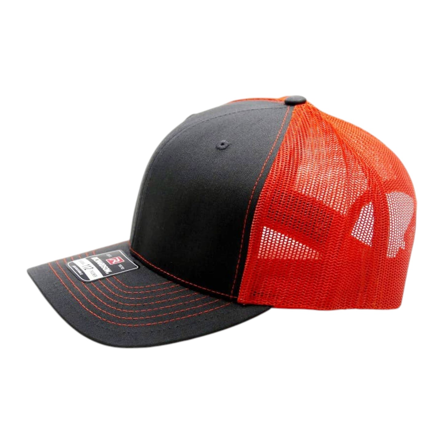 Black and orange cap with mesh back on a white background