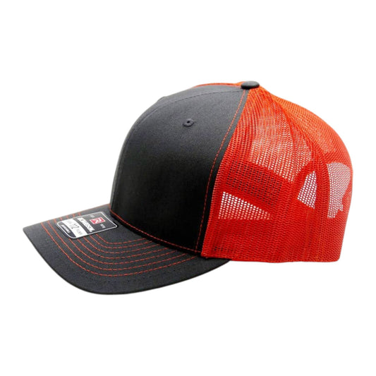 Black and orange cap with mesh back on a white background