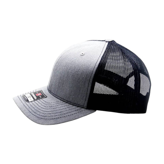 Gray and black cap with mesh back on a white background