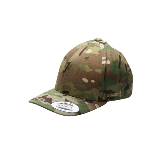 Camouflage baseball cap on a clear stand with a white background