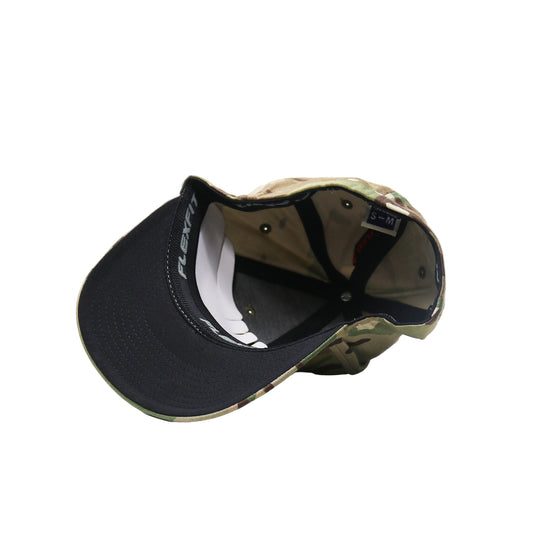 Black and camouflage baseball cap on a white background