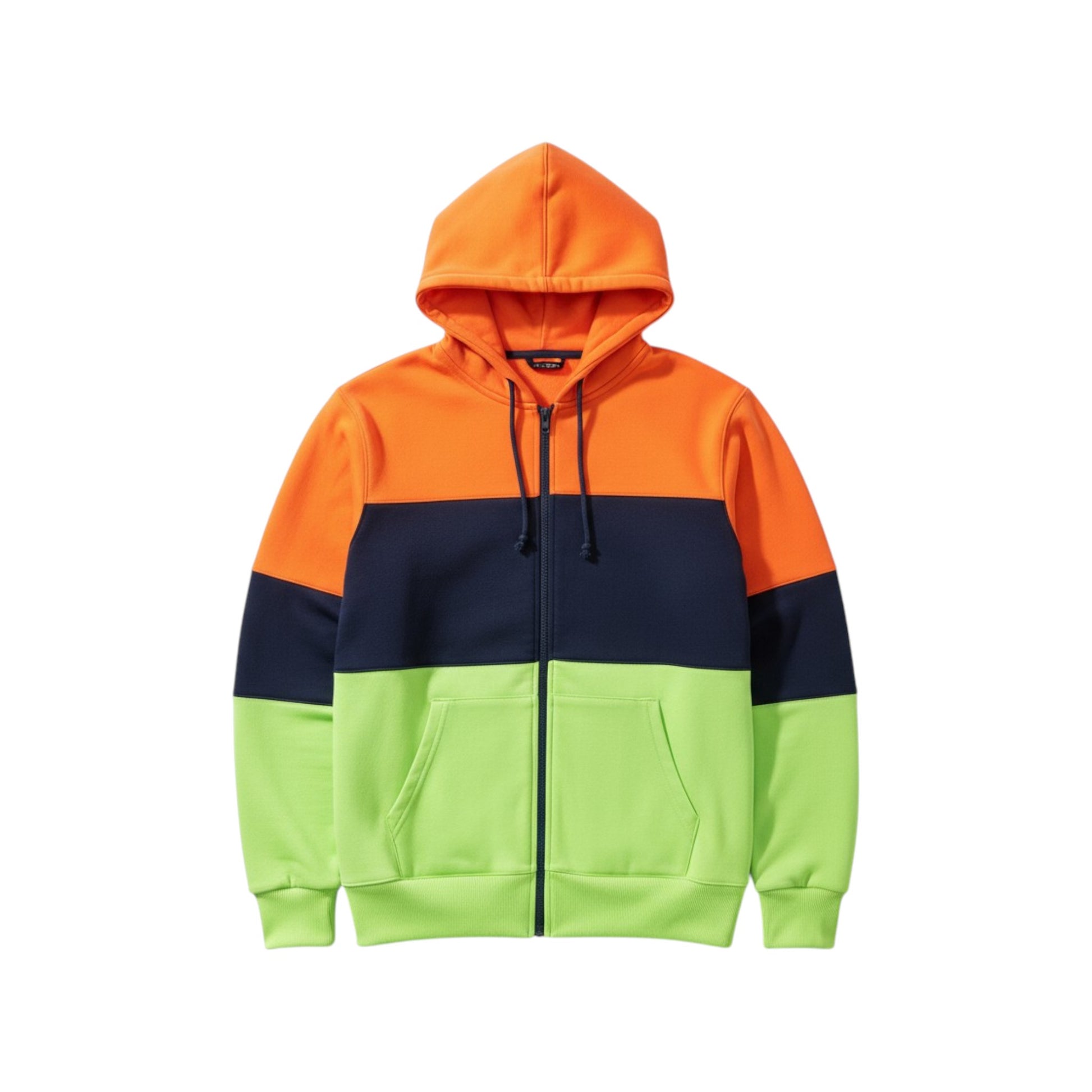 Color-blocked hoodie with orange, navy, and green sections on a white background