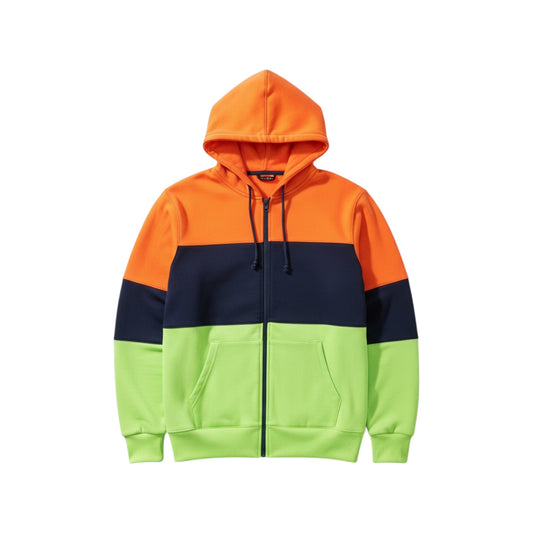 Color-blocked hoodie with orange, navy, and green sections on a white background