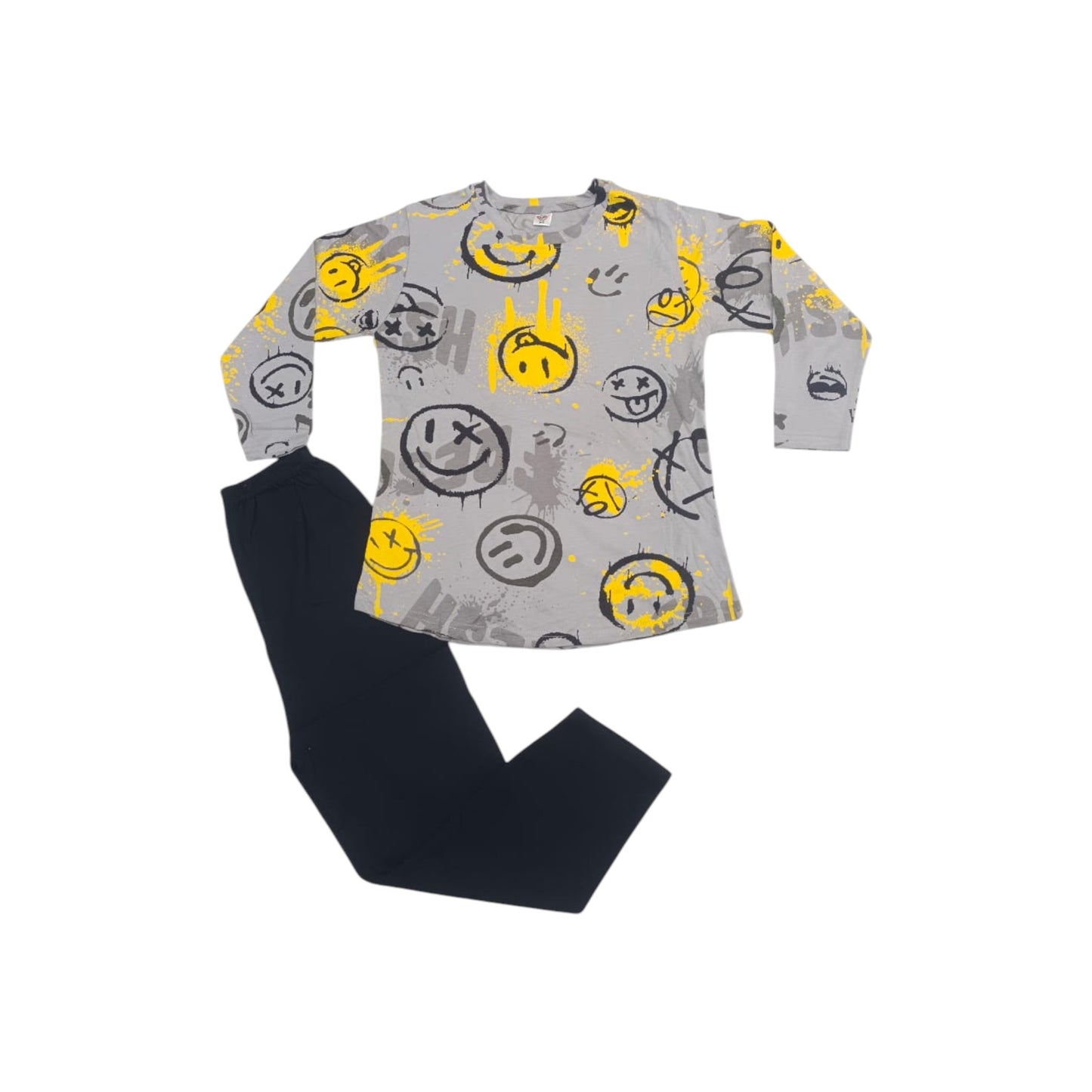 Gray long-sleeve shirt with smiley face pattern and black pants on a white background