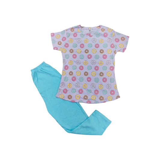 Children's pajama set with floral pattern top and blue pants on a white background