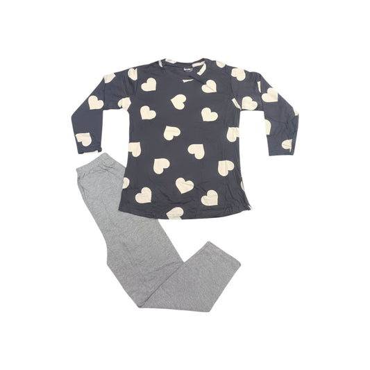 Children's pajama set with heart-patterned top and gray pants on a white background