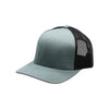 Trucker hat with light blue front and black mesh back on a white background