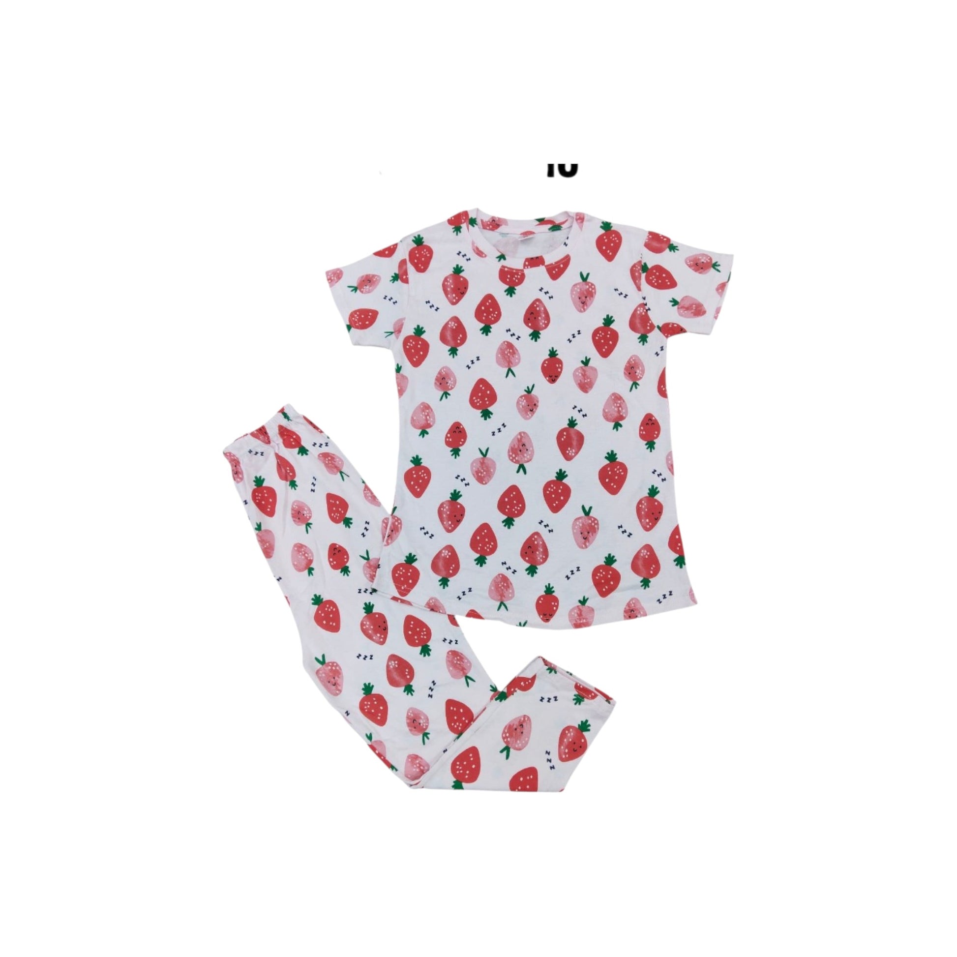 Children's pajama set with strawberry pattern on a white background
