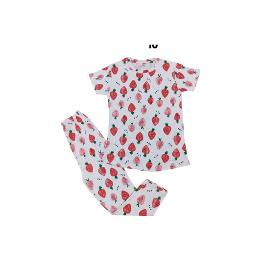 Children's pajama set with strawberry pattern on a white background