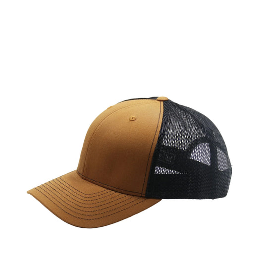 Brown and black baseball cap with mesh back on a white background