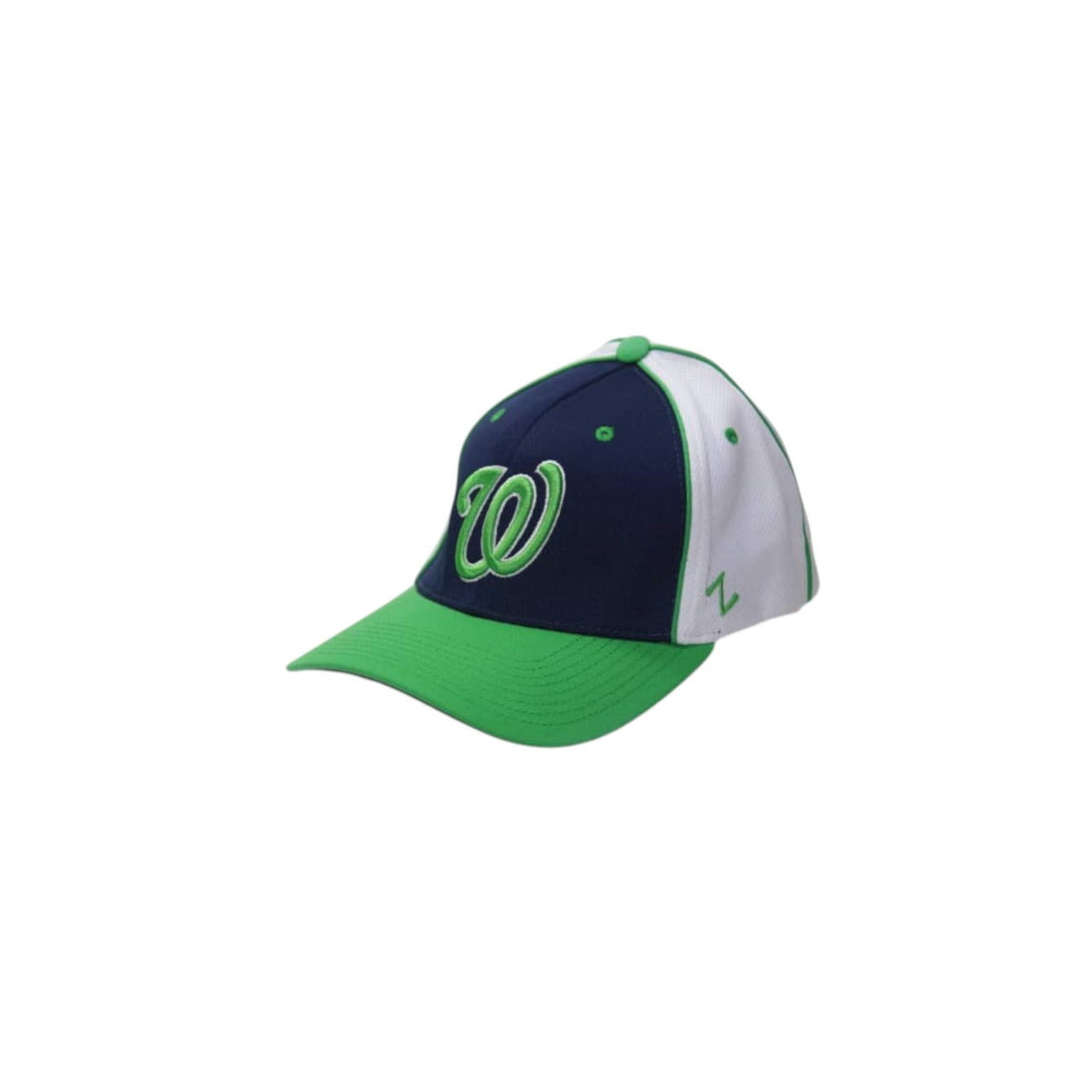 Baseball cap with navy, green, and white colors on a white background