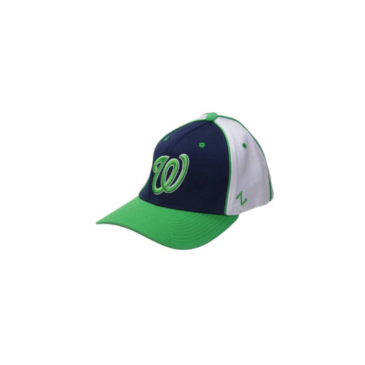 Baseball cap with navy, green, and white colors on a white background
