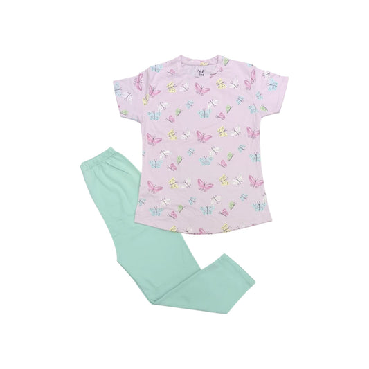 Children's pajama set with pink top and green pants on a white background