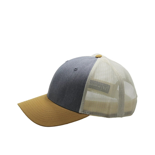 Three-tone baseball cap with gray, beige, and yellow sections on a white background