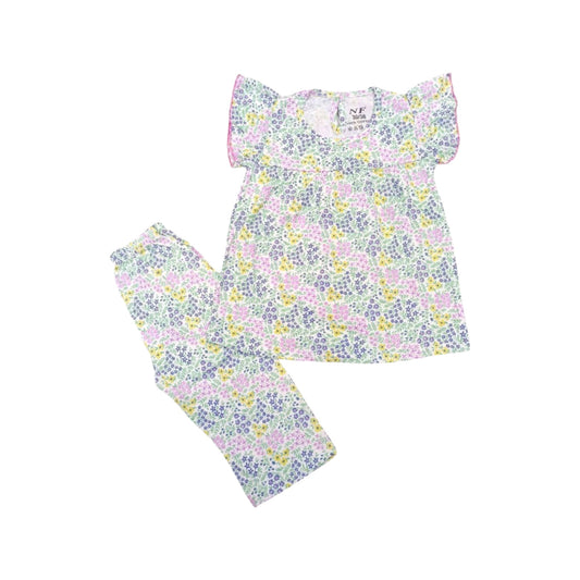 Floral pajama set with top and pants on a white background