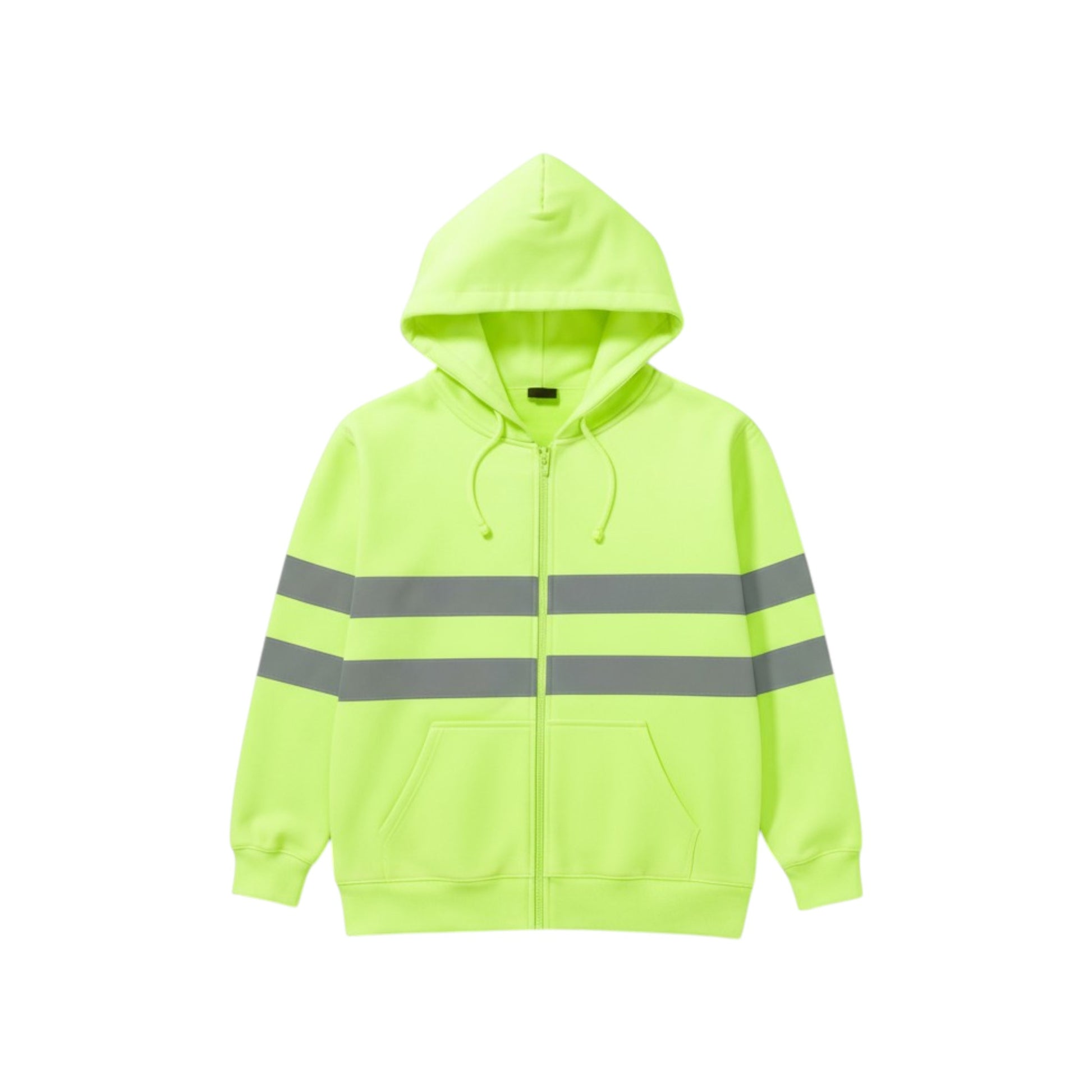 Fluorescent green hoodie with reflective stripes on a white background