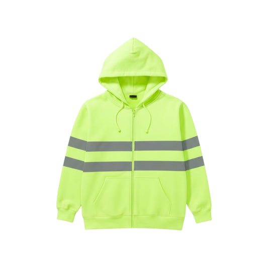Fluorescent green hoodie with reflective stripes on a white background