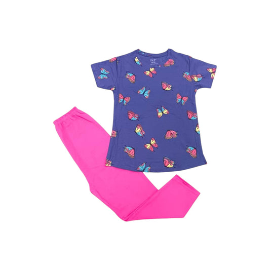 Children's pajama set with blue top and pink pants on a white background