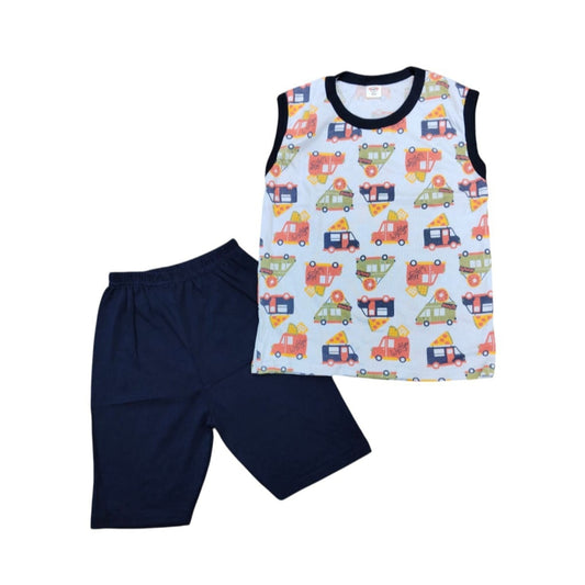 Children's sleeveless top with vehicle pattern and shorts on a white background