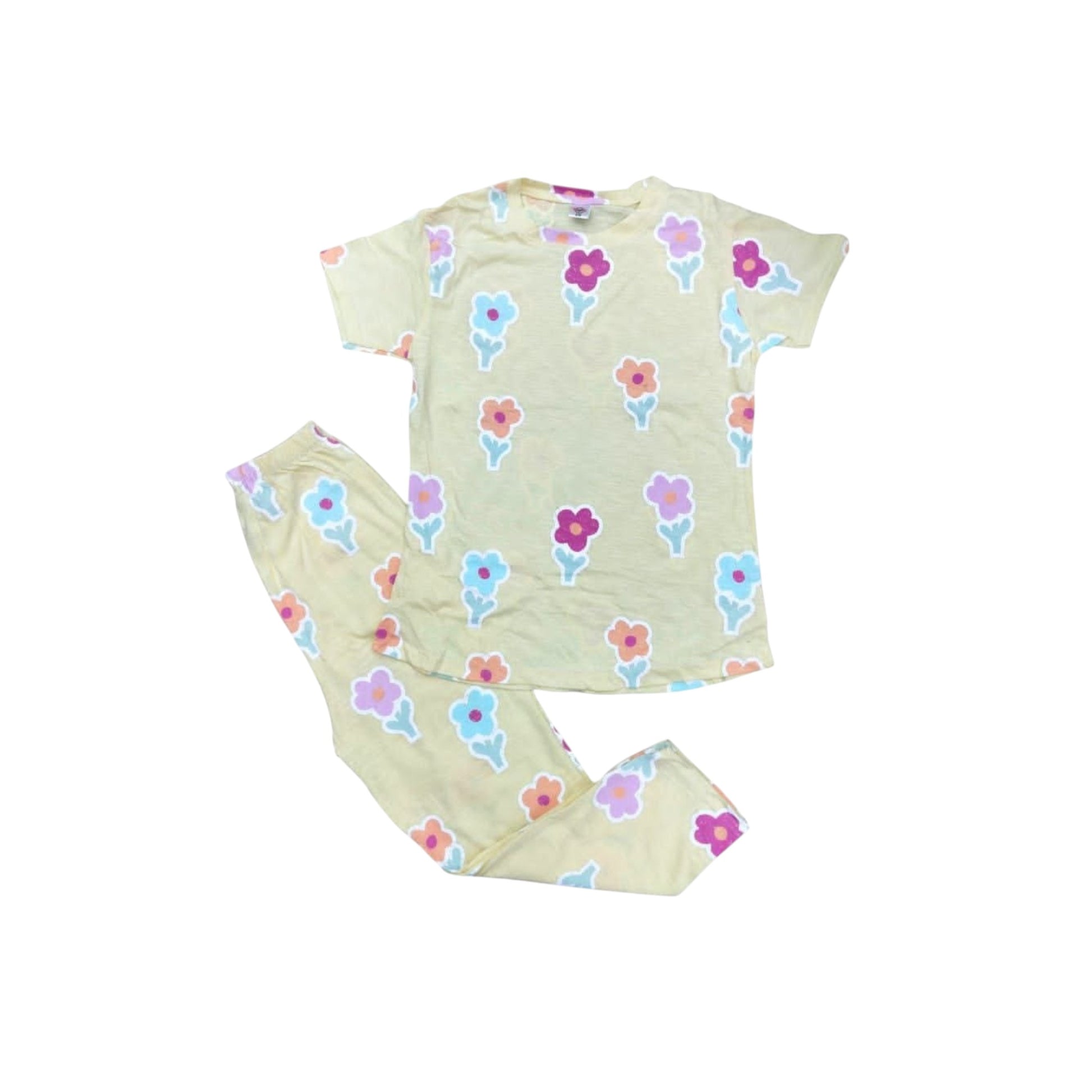 Children's pajama set with floral pattern on a white background