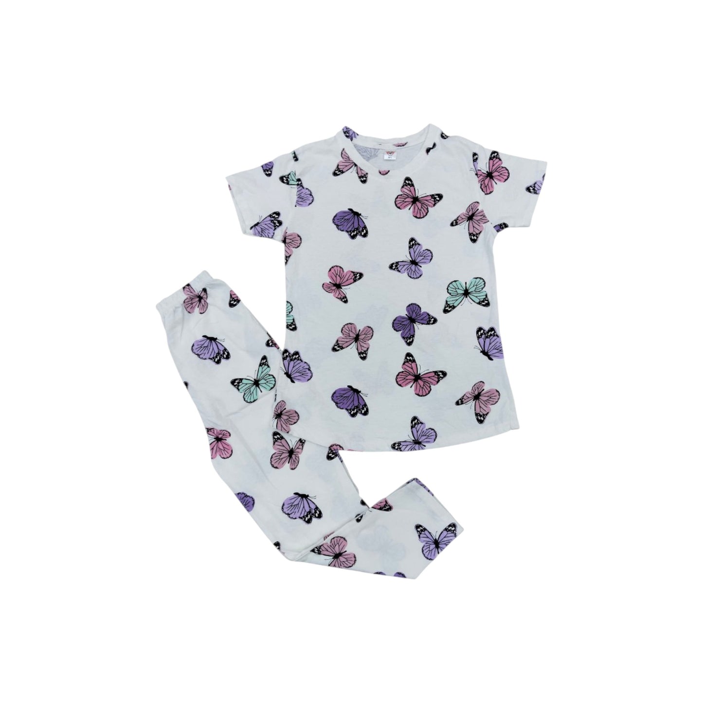 Children's pajama set with butterfly pattern on a white background