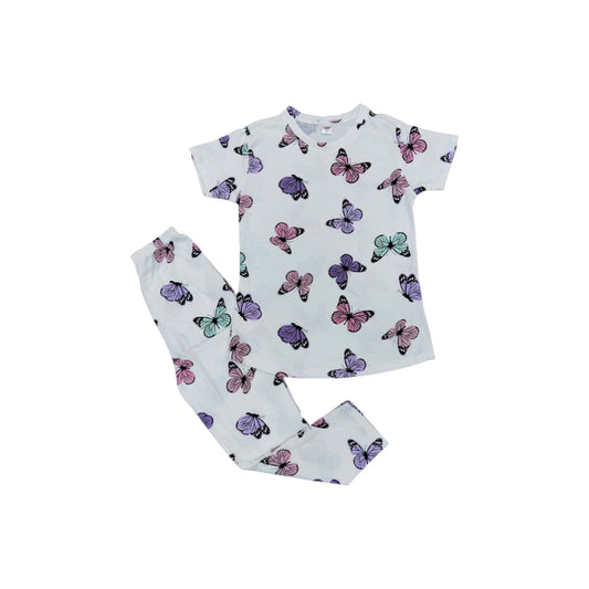 Children's pajama set with butterfly pattern on a white background