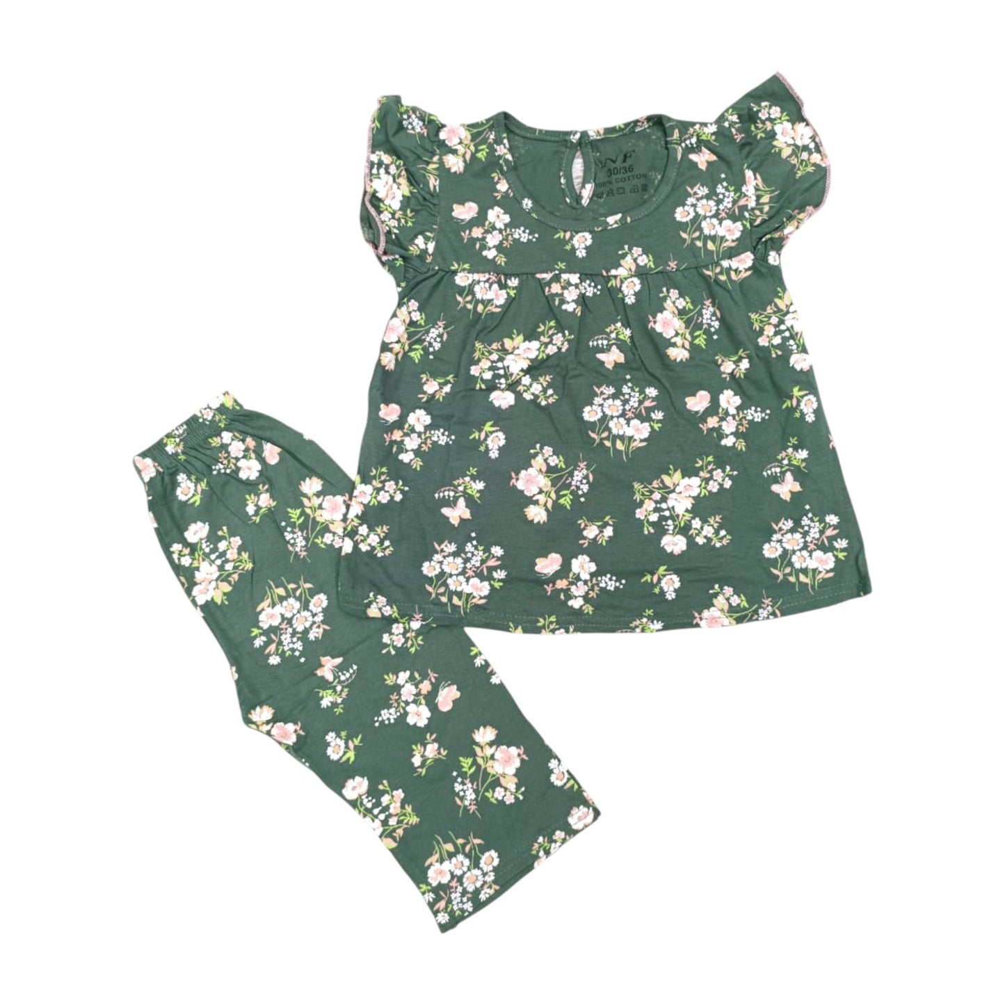 Green floral pajama set on a white background