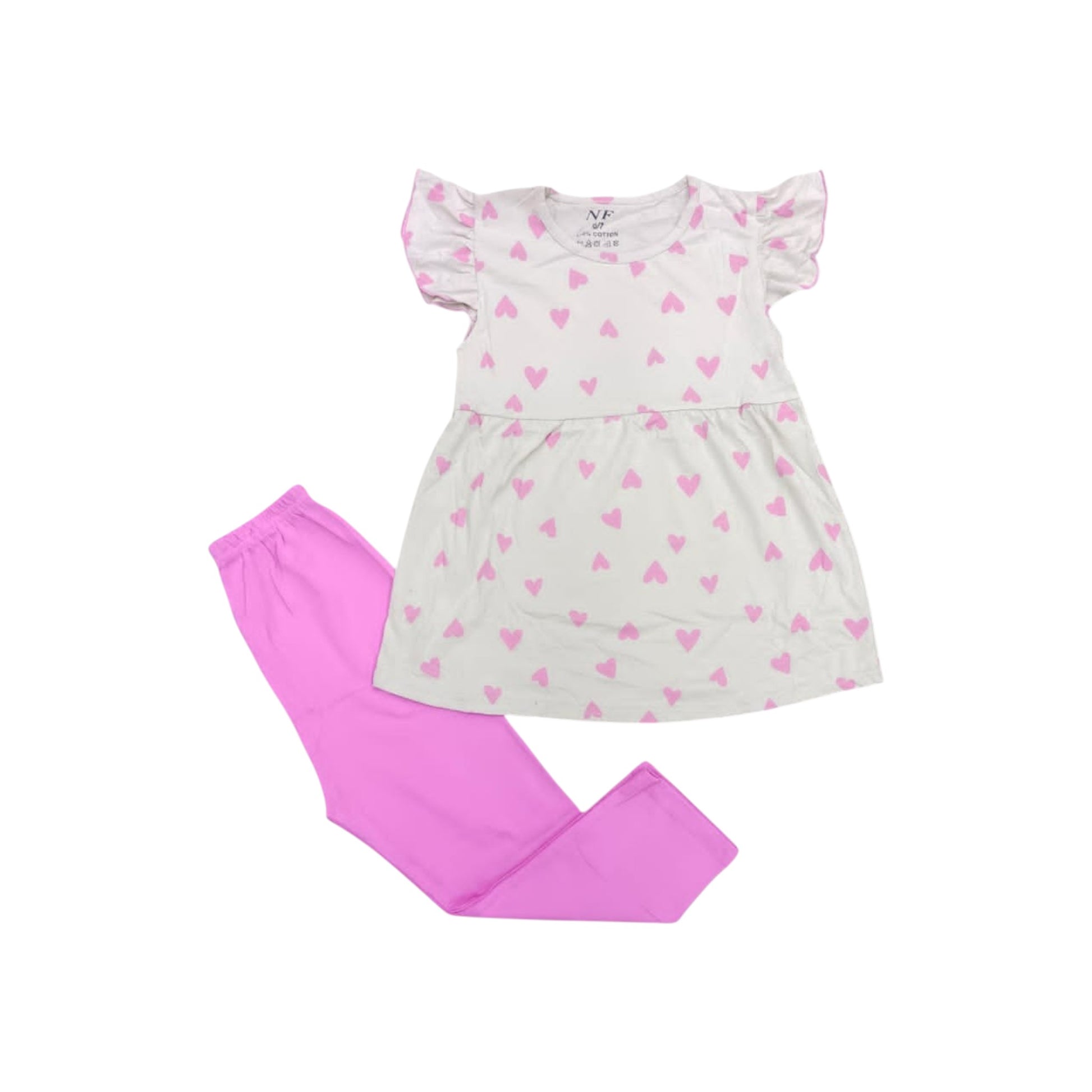 Children's dress with pink heart pattern and pink pants on a white background