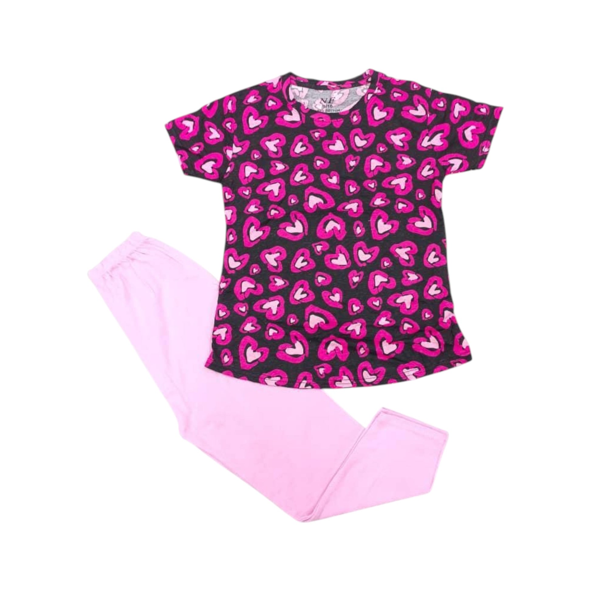 Pink heart-patterned top and pink pants on a white background