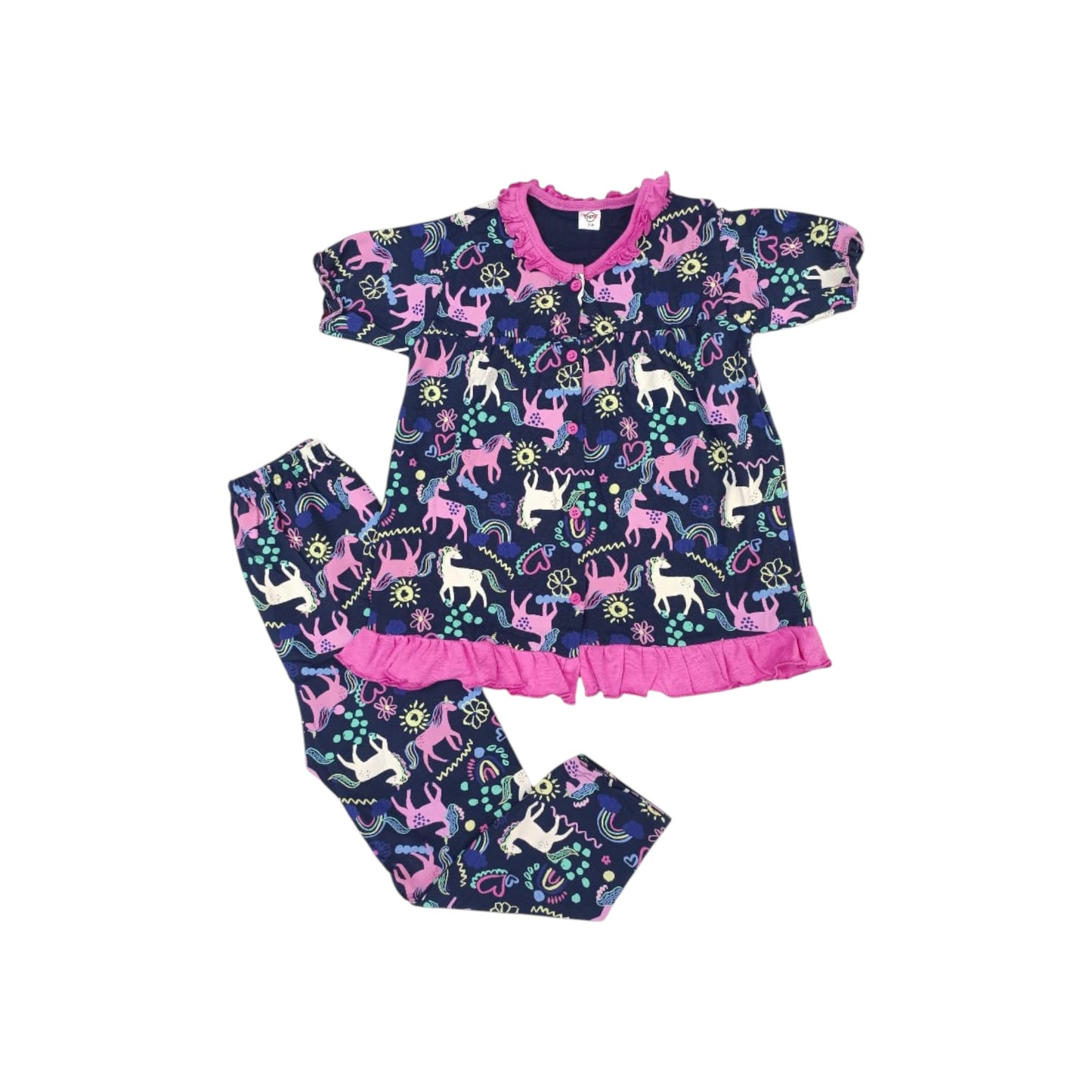 Children's pajama set with unicorn pattern on a white background