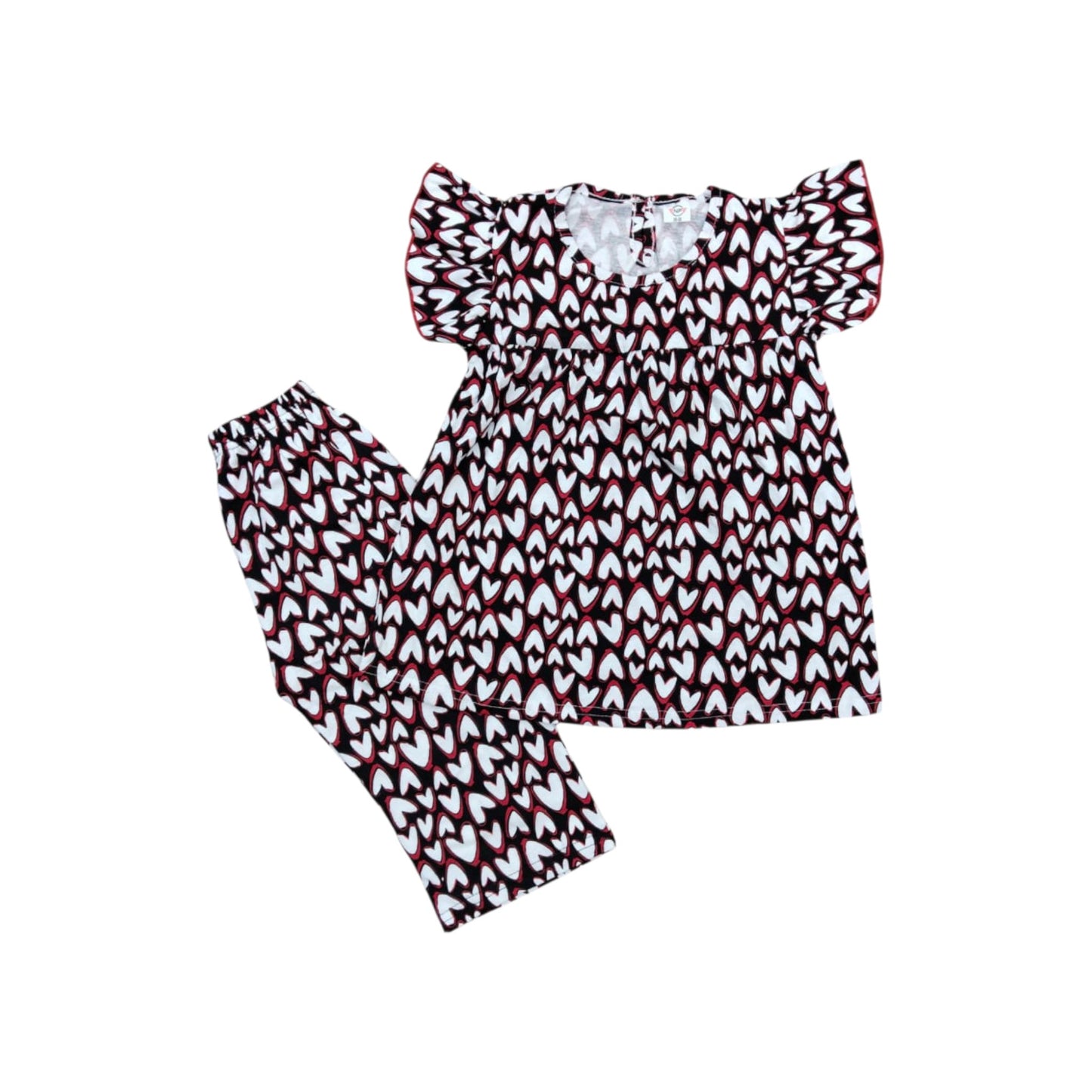 Set of top and pants with red and white pattern on a white background
