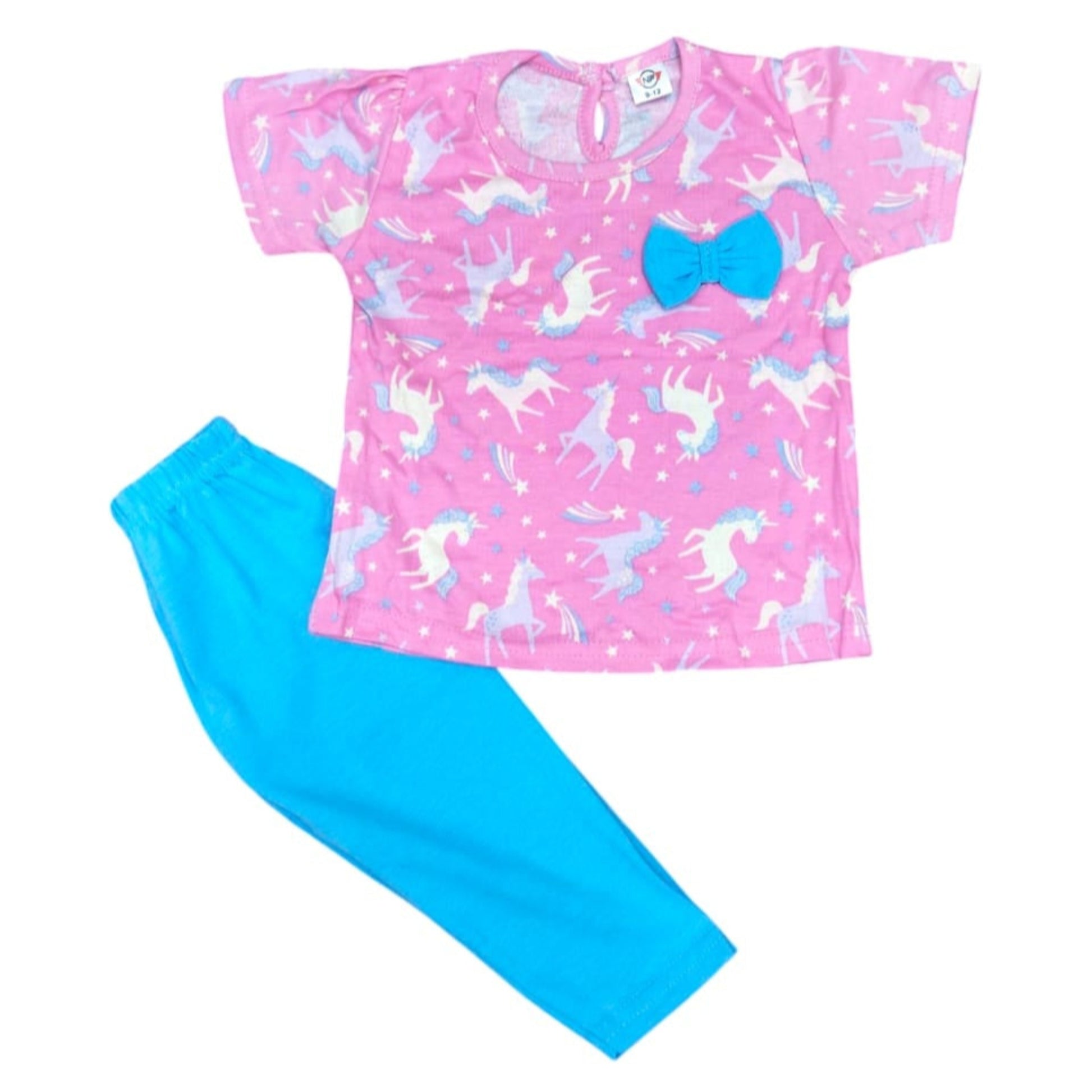 Pink shirt with unicorn pattern and blue pants on a white background