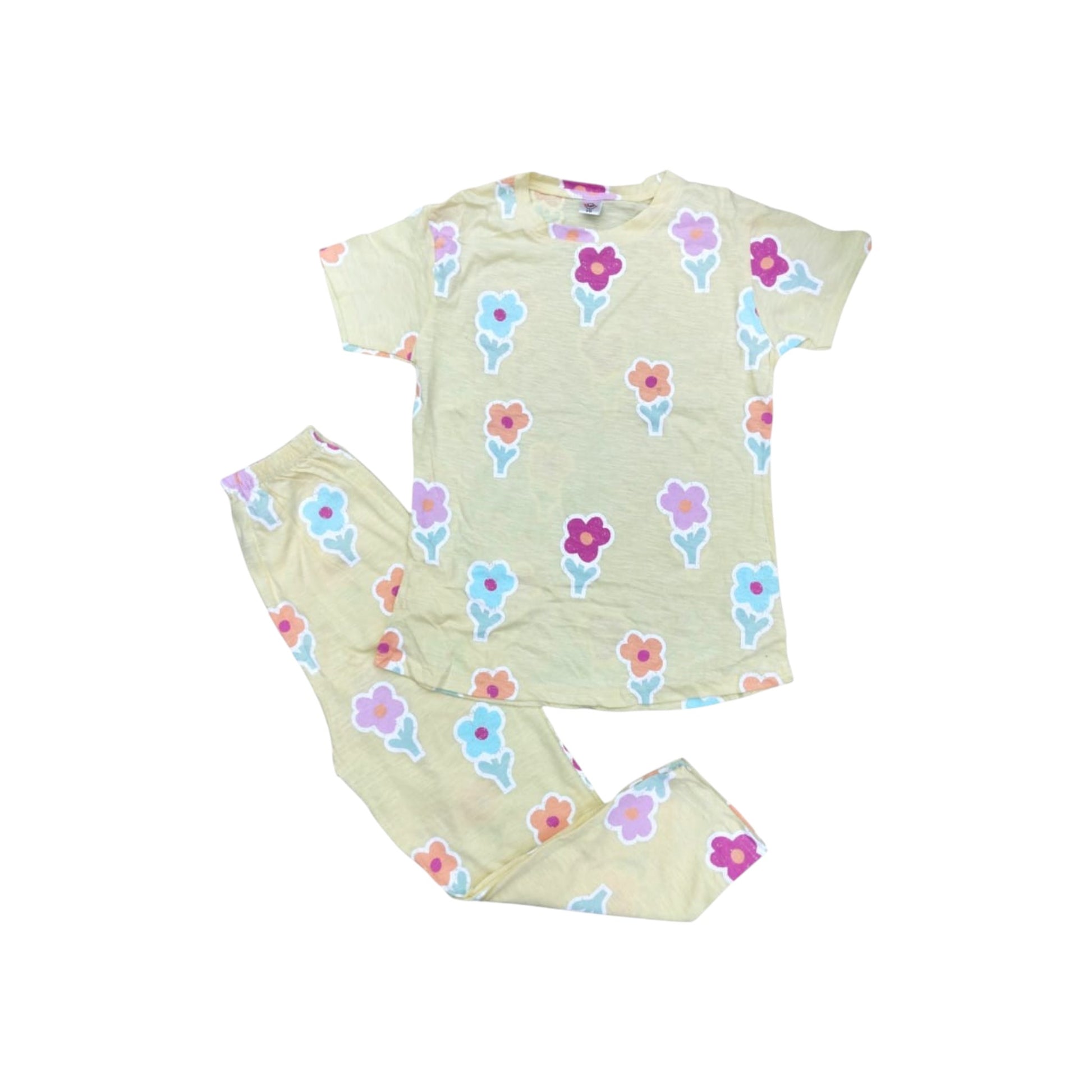 Children's pajama set with floral pattern on a white background