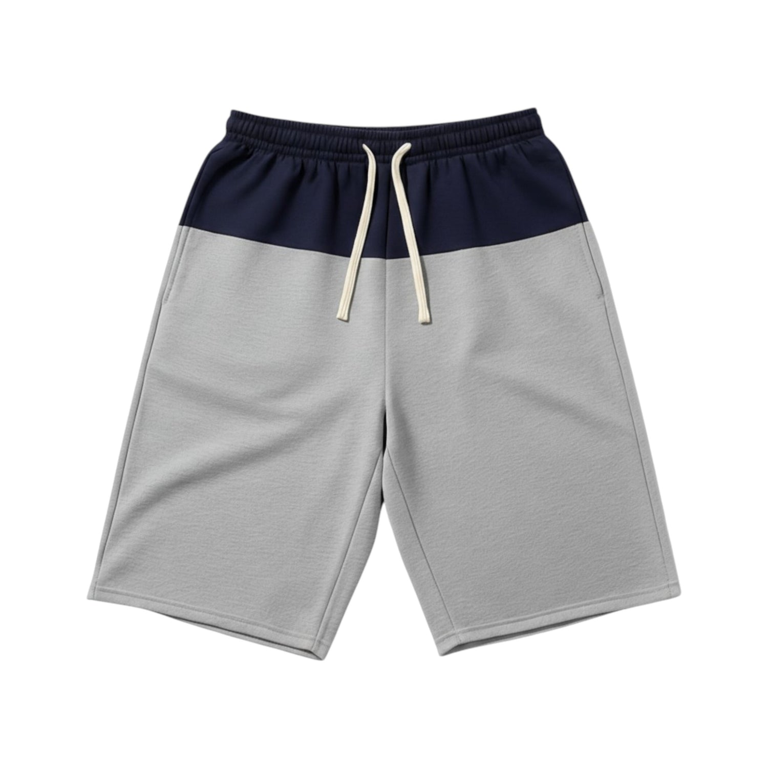 Gray shorts with navy blue waistband on a white background