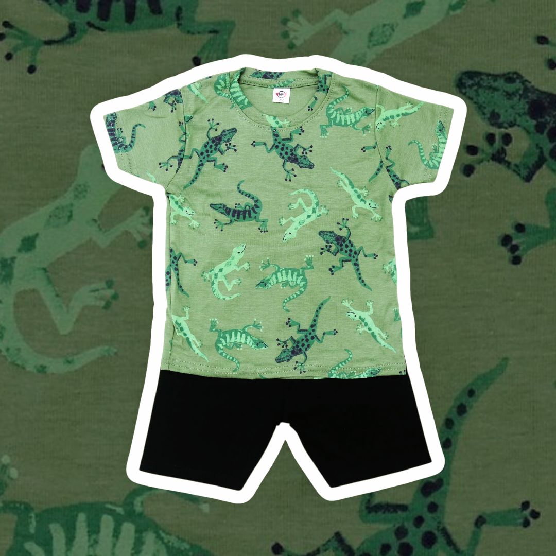 Green t-shirt with lizard pattern and black shorts on a green background with lizard illustrations.