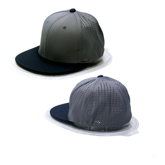 Two gray baseball caps with black visors on a white background