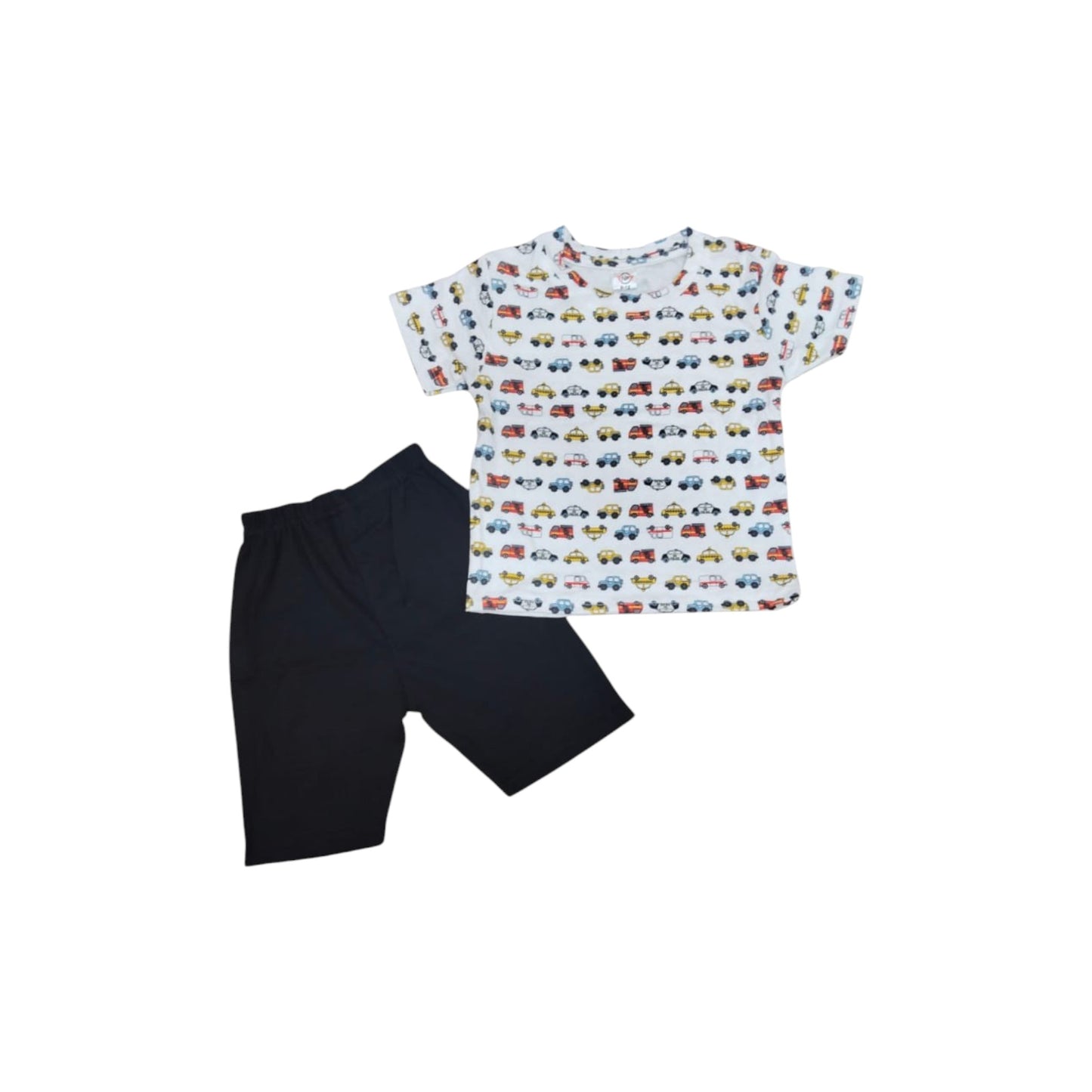 Children's t-shirt with car pattern and black shorts on a white background