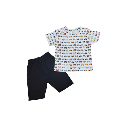Children's t-shirt with car pattern and black shorts on a white background