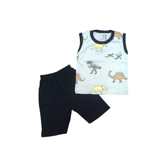 Children's outfit with sleeveless shirt and shorts featuring dinosaur patterns on a white background
