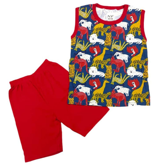 Children's pajama set with a colorful patterned top and red pants on a white background