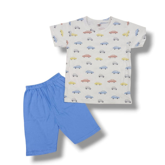 Children's t-shirt with car pattern and blue shorts on a white background