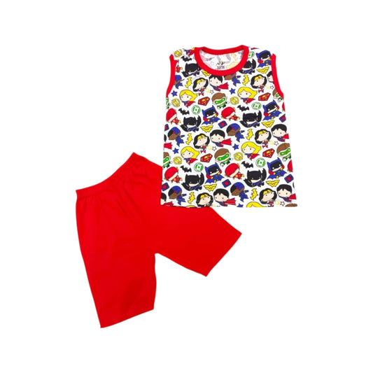 Children's sleeveless top with superhero print and red shorts on a white background