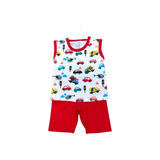Children's sleeveless top and shorts set with vehicle pattern on a white background