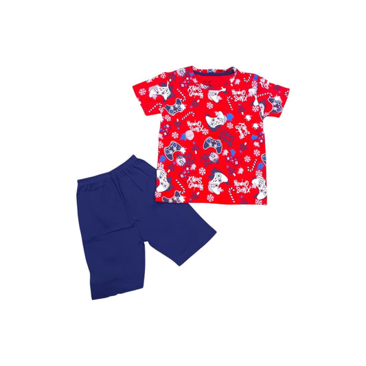Red t-shirt with cartoon character design and blue shorts on a white background