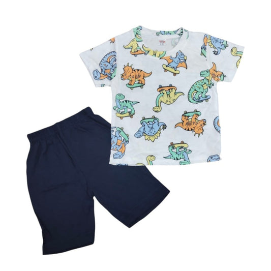 Children's t-shirt with dinosaur pattern and navy shorts on a white background