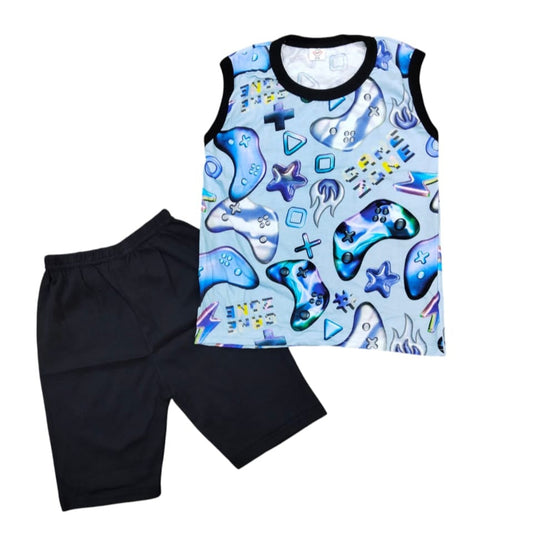 Children's sleeveless top with gaming controller design and black shorts on a white background