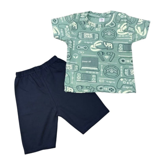 Children's t-shirt with gaming console design and navy shorts on a white background