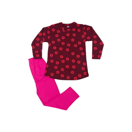 Children's pajama set with red floral pattern on top and pink pants on a white background